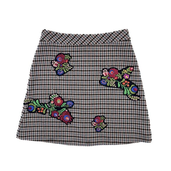 Zara Woman Houndstooth Pencil Mini Embroidered Floral Applique Silver Studs XS - Picture 2 of 6